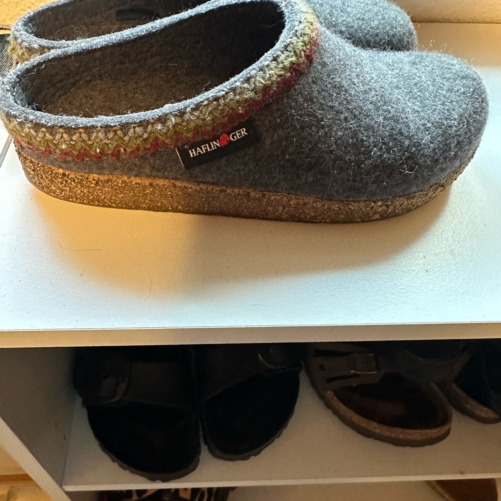 Haflinger Gray Wool Mules with Multicolor Trim